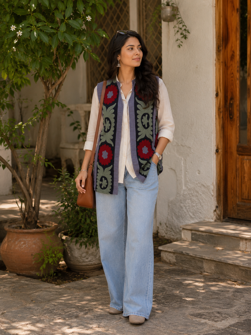 Midnight Black Suzani Embroidered Sleeveless Jacket – Crimson Bloom Edition