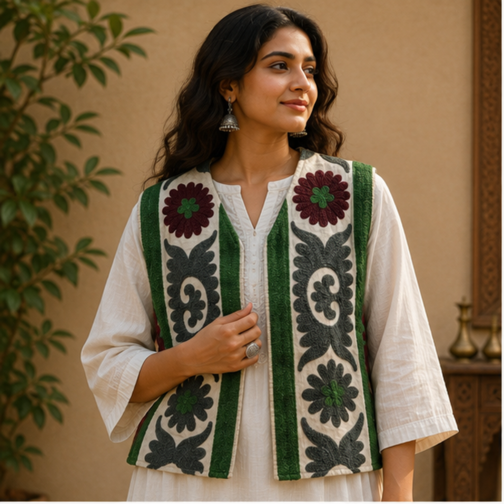 Ivory Suzani Embroidered Sleeveless Jacket – Emerald Blossom Edition