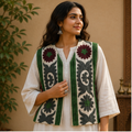 Ivory Suzani Embroidered Sleeveless Jacket – Emerald Blossom Edition