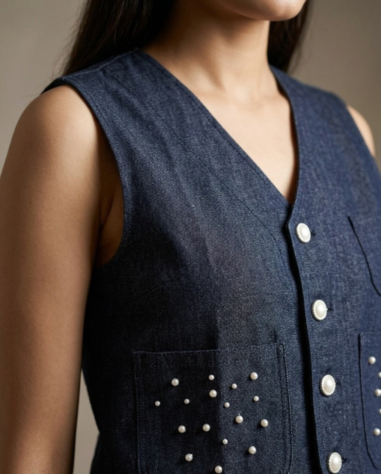 Midnight Denim Pearl Studded Vest