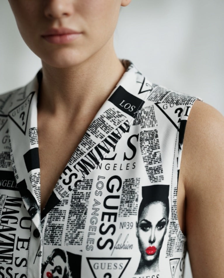 Monochrome Magazine Print Sleeveless Shirt