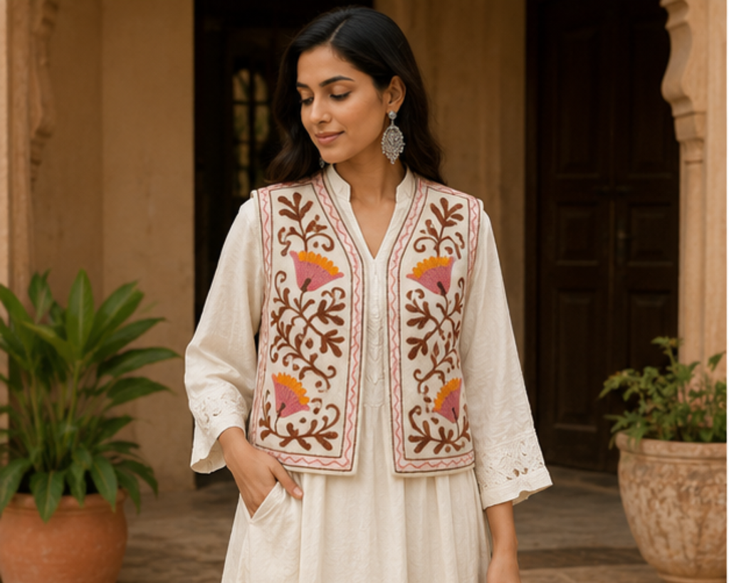 Kashmiri Aari Embroidered Woolen Jacket – Ivory Blossom