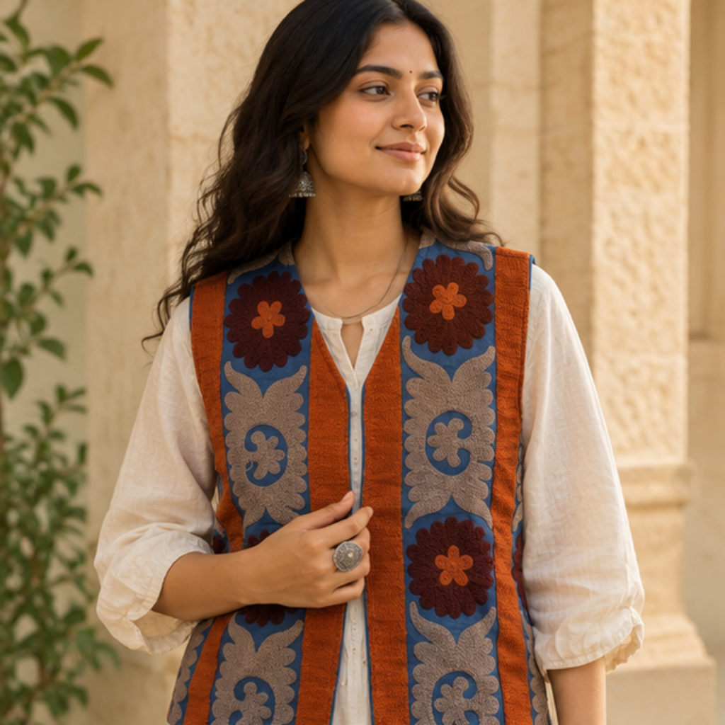 Midnight Blue Suzani Embroidered Sleeveless Jacket