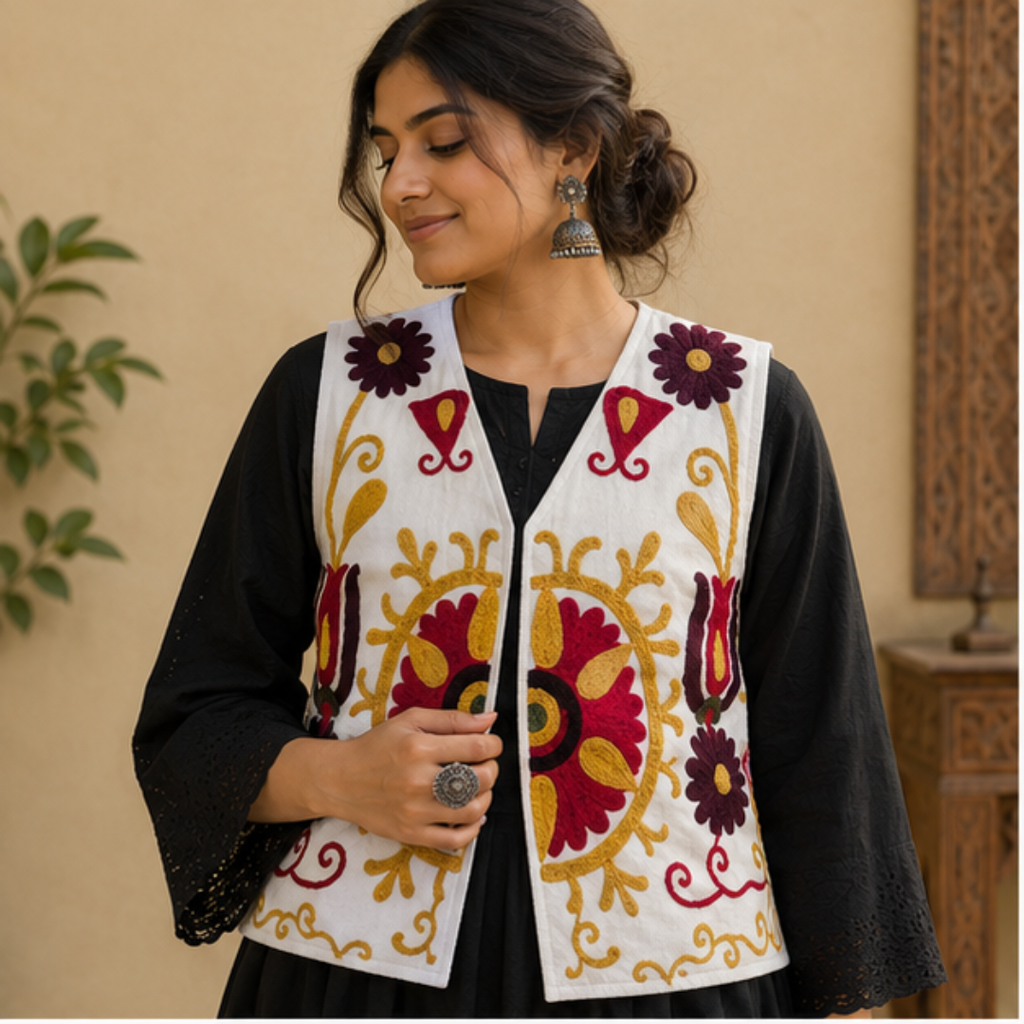 Ivory Suzani Embroidered Sleeveless Jacket – Floral Heritage Edition