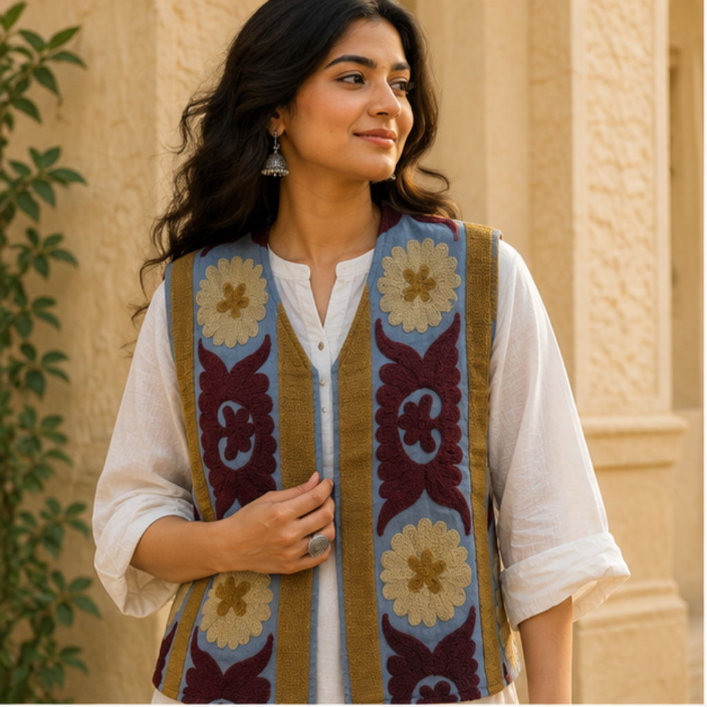 Slate Blue Suzani Embroidered Sleeveless Jacket – Heritage Bloom Edition