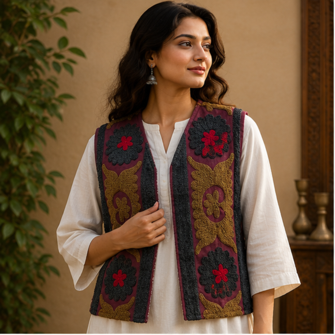 Mulberry Suzani Embroidered Sleeveless Jacket – Heritage Blossom Edition