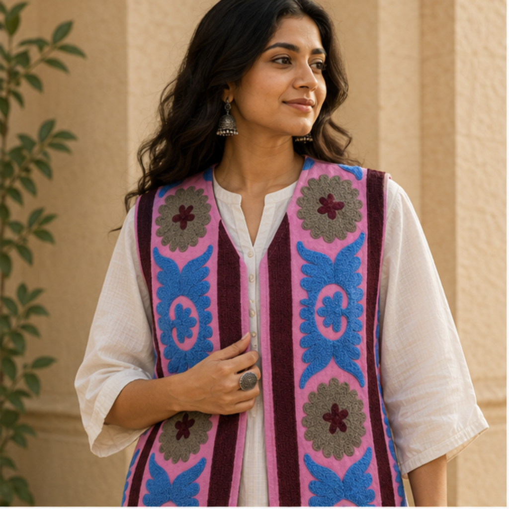Blush Pink Suzani Embroidered Sleeveless Jacket – Artisan Bloom Edition