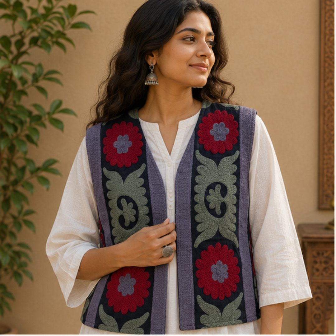 Midnight Black Suzani Embroidered Sleeveless Jacket – Crimson Bloom Edition