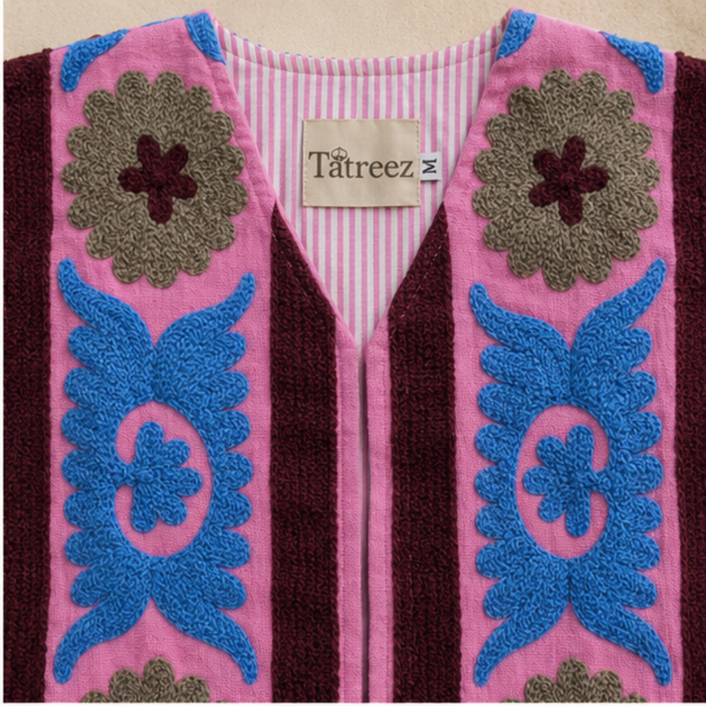 Blush Pink Suzani Embroidered Sleeveless Jacket – Artisan Bloom Edition