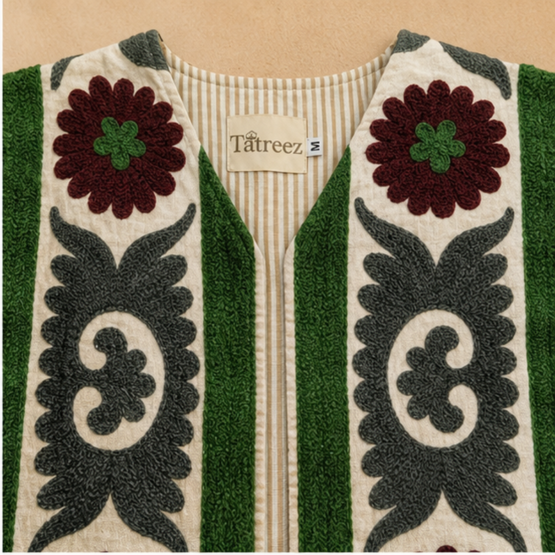 Ivory Suzani Embroidered Sleeveless Jacket – Emerald Blossom Edition