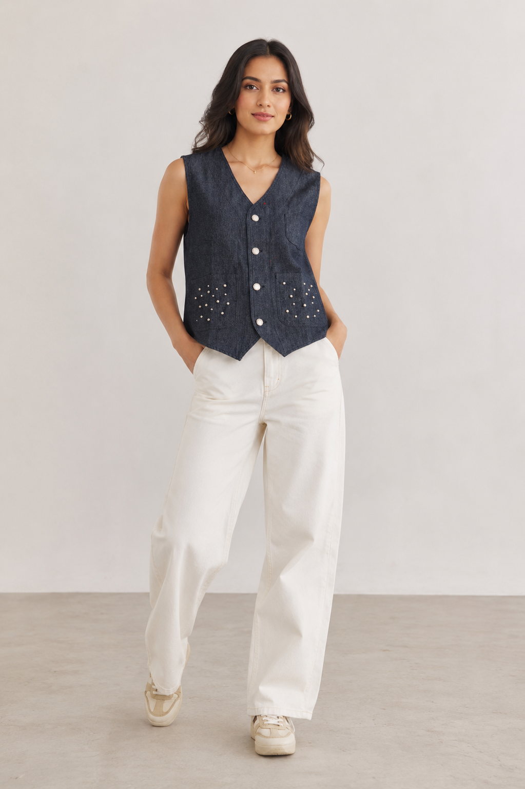 Midnight Denim Pearl Studded Vest