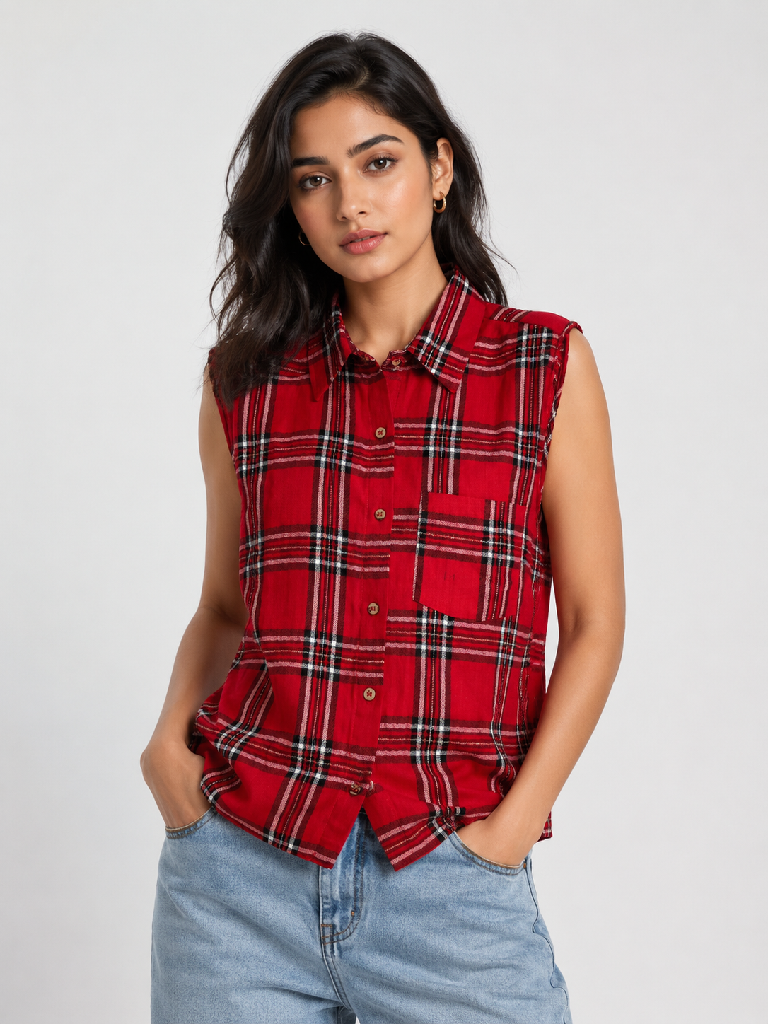 Red Plaid Sleeveless Shirt