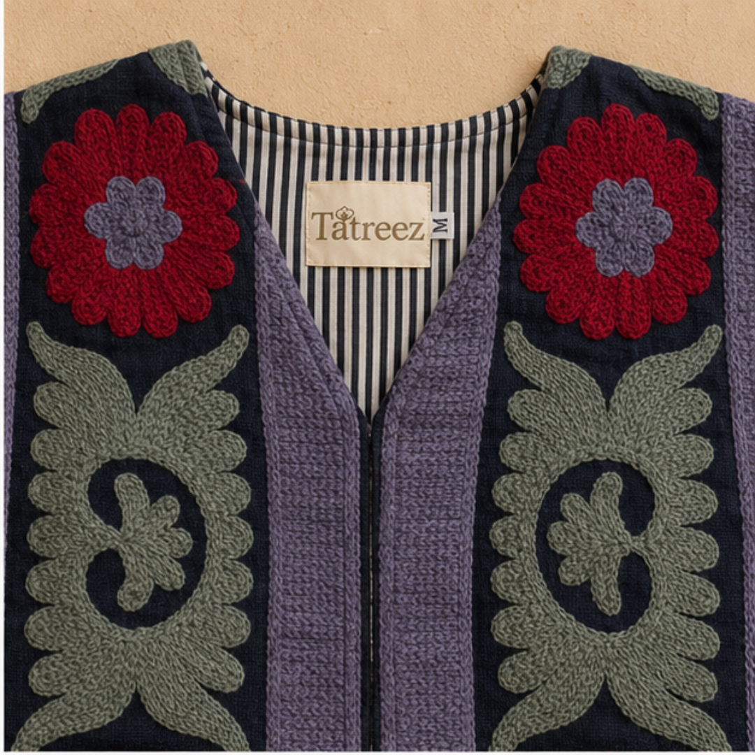 Midnight Black Suzani Embroidered Sleeveless Jacket – Crimson Bloom Edition