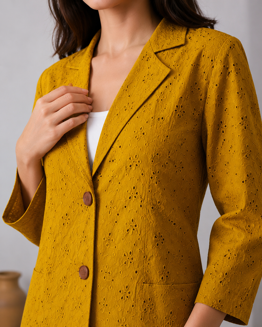 Mustard Eyelet Embroidered Blazer Jacket