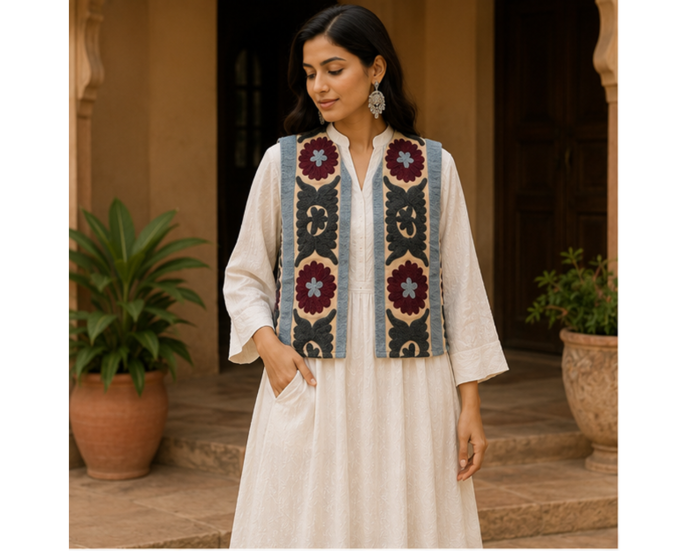 Suzani Embroidered Woolen Jacket – Ivory Heritage | Artisan Statement Collection
