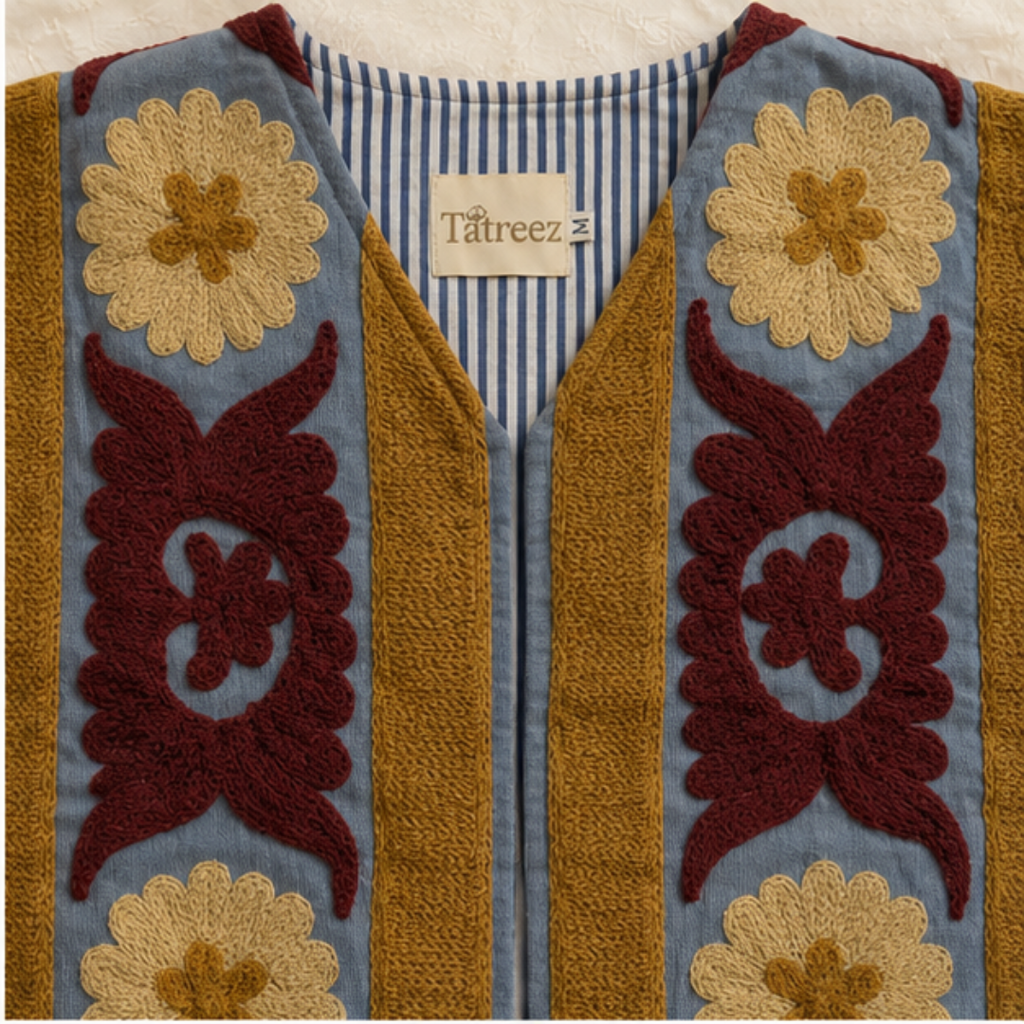Slate Blue Suzani Embroidered Sleeveless Jacket – Heritage Bloom Edition