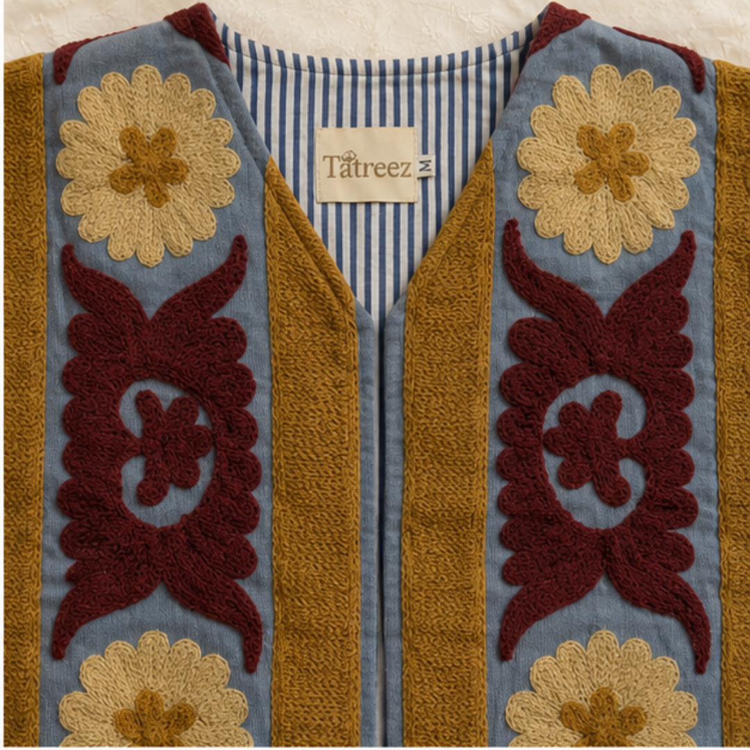 Slate Blue Suzani Embroidered Sleeveless Jacket – Heritage Bloom Edition