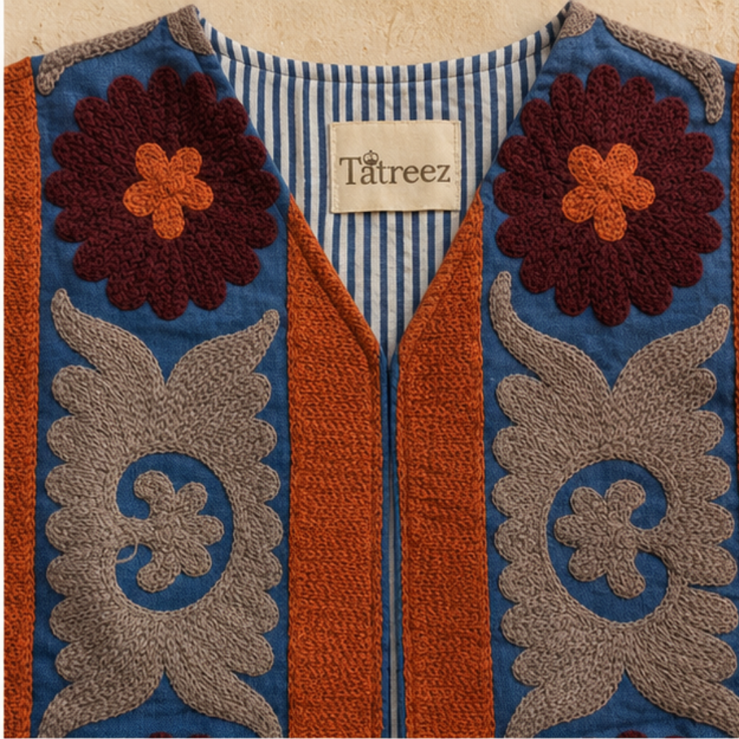 Midnight Blue Suzani Embroidered Sleeveless Jacket