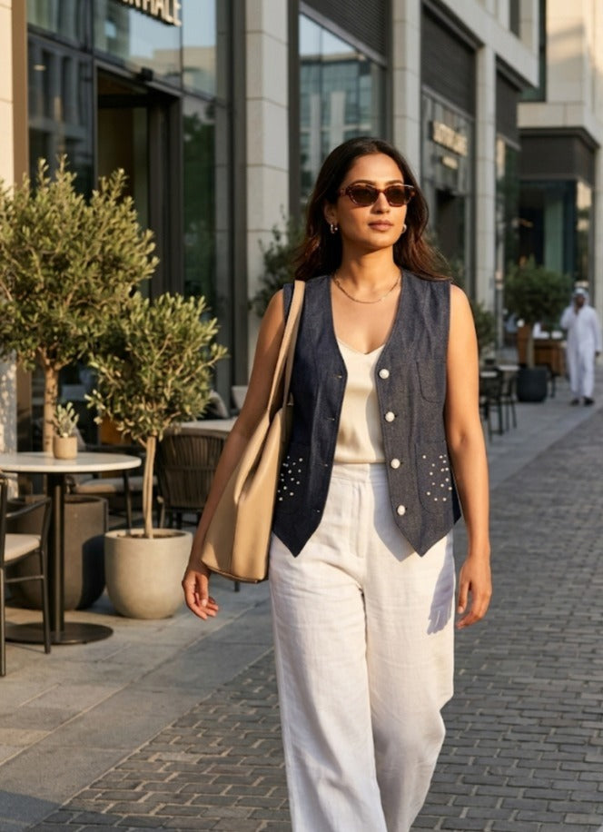 Midnight Denim Pearl Studded Vest