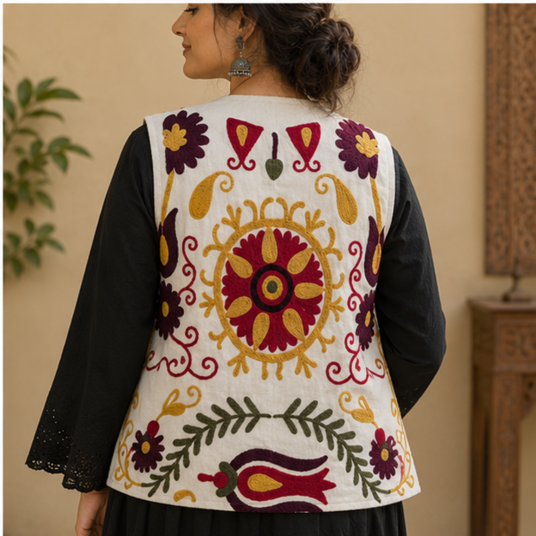 Ivory Suzani Embroidered Sleeveless Jacket – Floral Heritage Edition