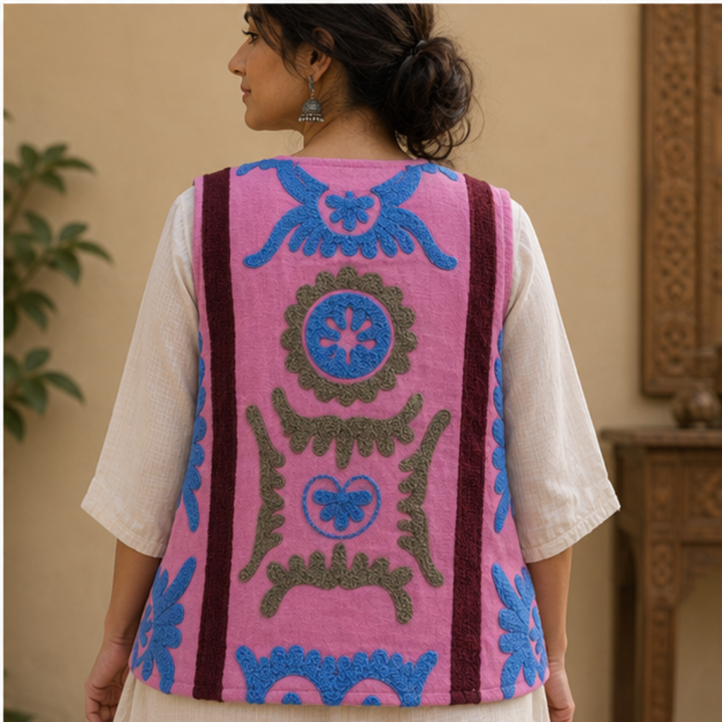 Blush Pink Suzani Embroidered Sleeveless Jacket – Artisan Bloom Edition