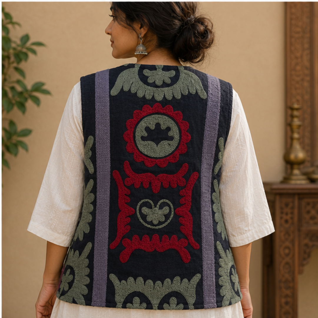 Midnight Black Suzani Embroidered Sleeveless Jacket – Crimson Bloom Edition