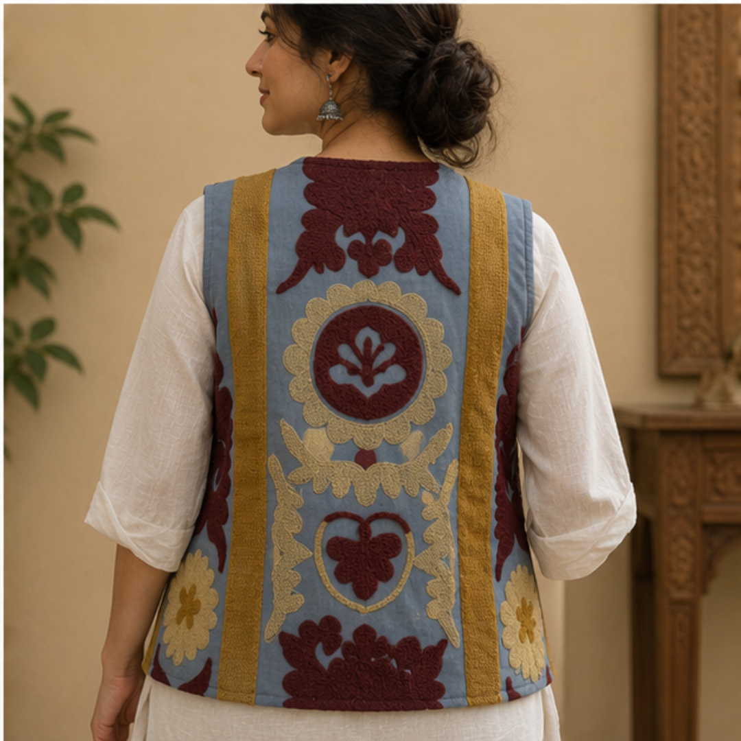 Slate Blue Suzani Embroidered Sleeveless Jacket – Heritage Bloom Edition