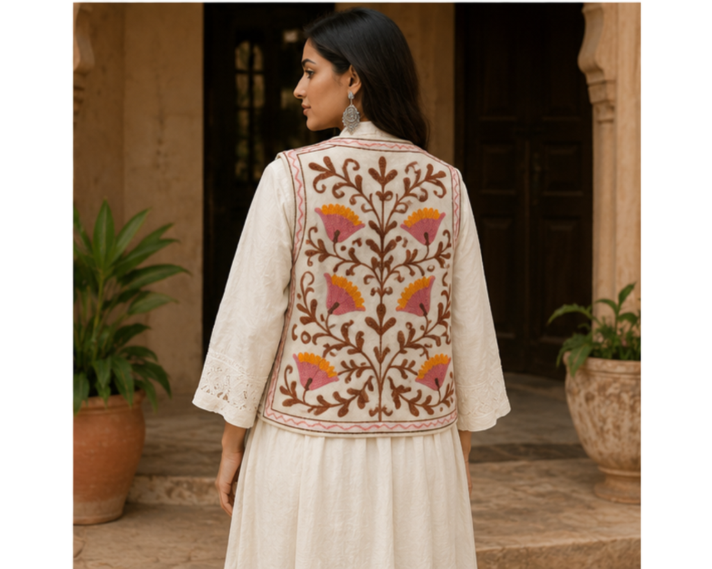 Kashmiri Aari Embroidered Woolen Jacket – Ivory Blossom