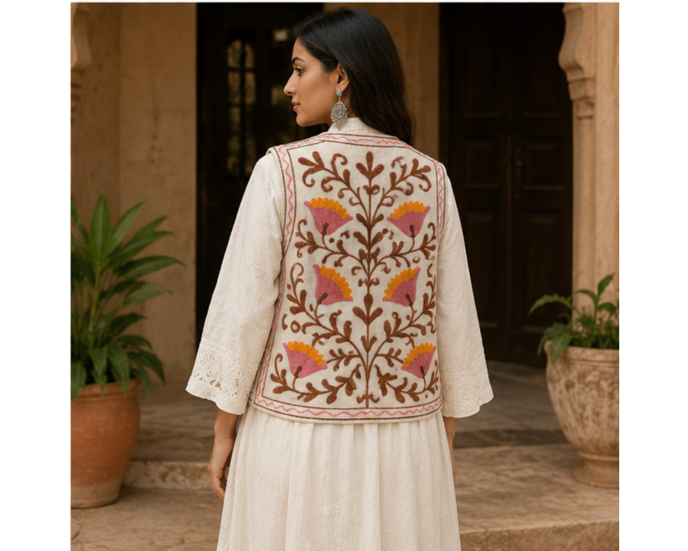 Kashmiri Aari Embroidered Woolen Jacket – Ivory Blossom