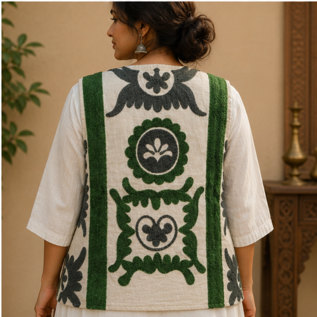 Ivory Suzani Embroidered Sleeveless Jacket – Emerald Blossom Edition