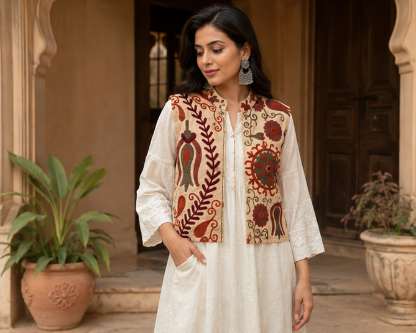 Kashmiri Aari Embroidered Woolen Jacket – Ivory Heritage Motif