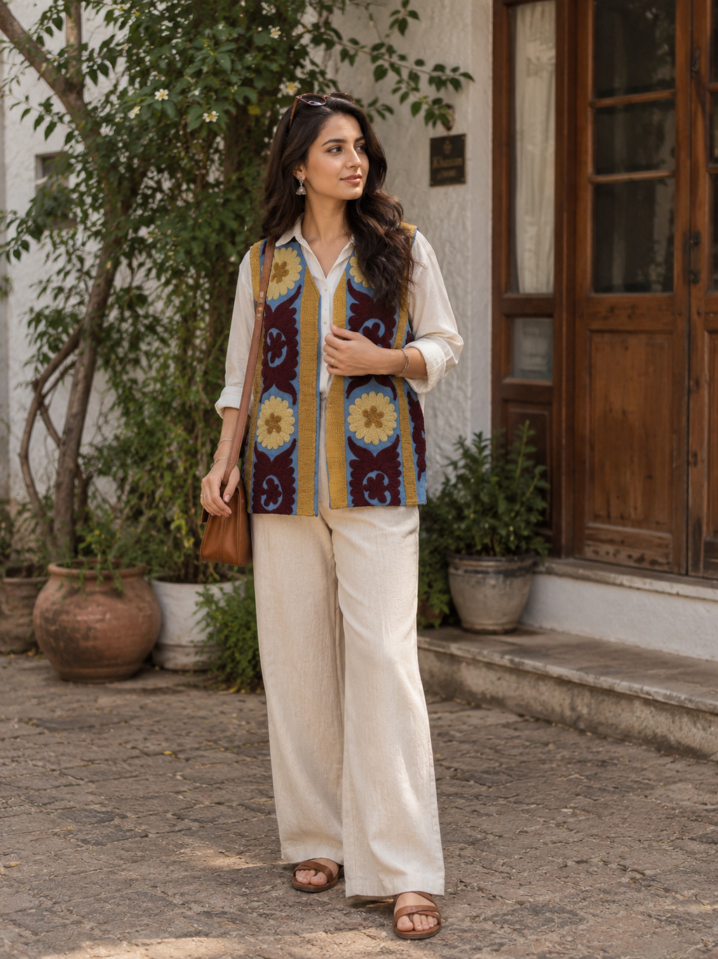 Slate Blue Suzani Embroidered Sleeveless Jacket – Heritage Bloom Edition