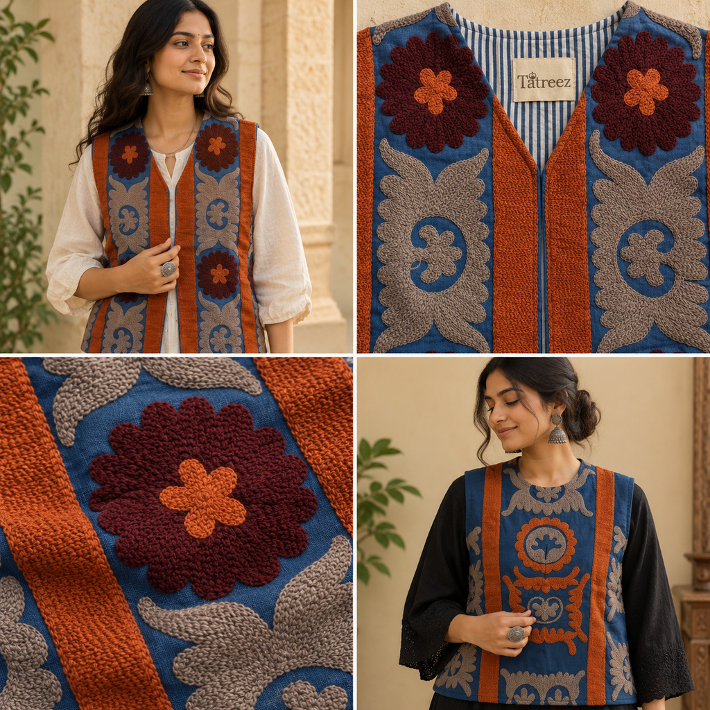 Midnight Blue Suzani Embroidered Sleeveless Jacket