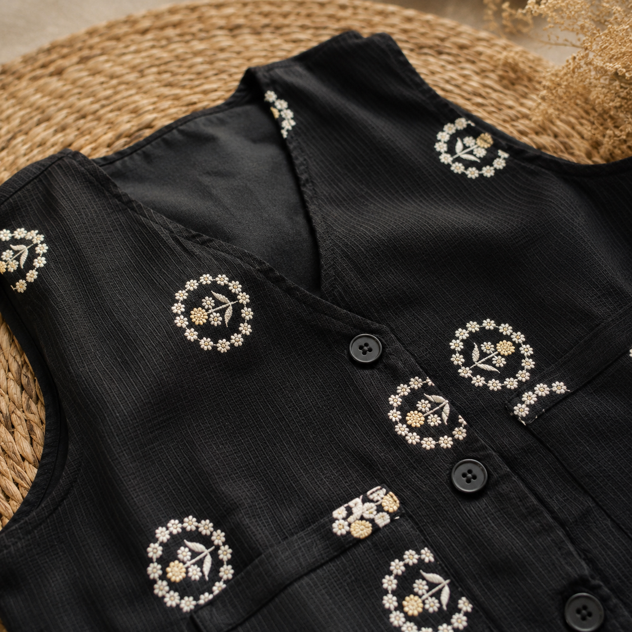 Noir Floral Medallion Embroidered Waistcoat