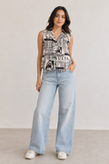 Monochrome Magazine Print Sleeveless Shirt