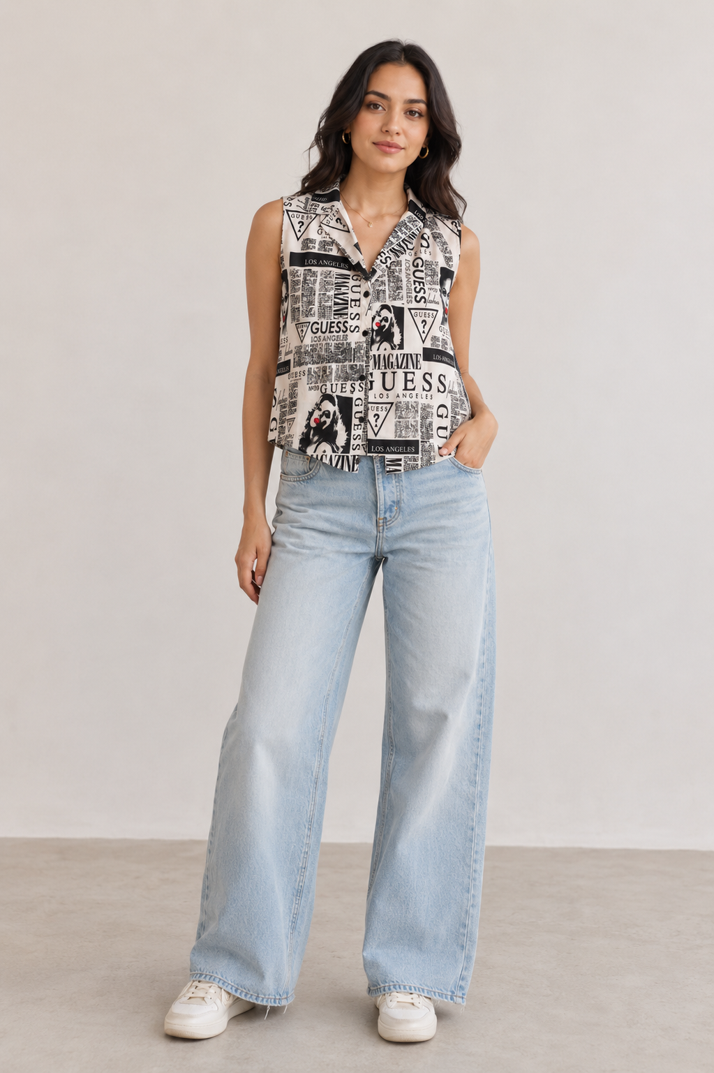 Monochrome Magazine Print Sleeveless Shirt