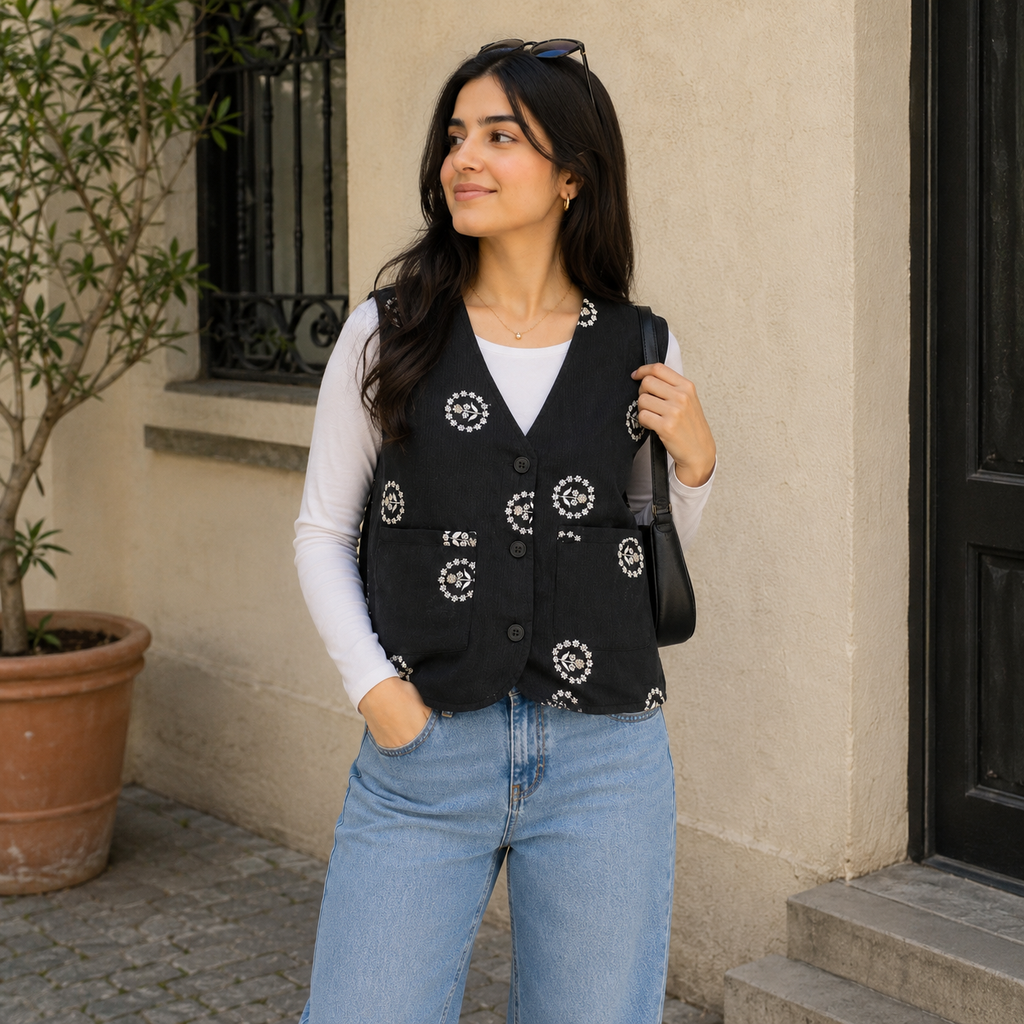 Noir Floral Medallion Embroidered Waistcoat