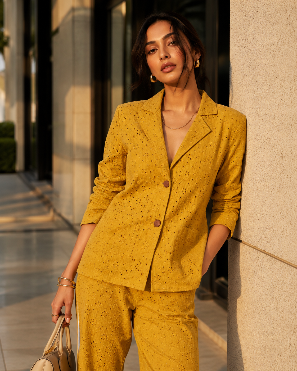 Mustard Eyelet Embroidered Blazer Jacket