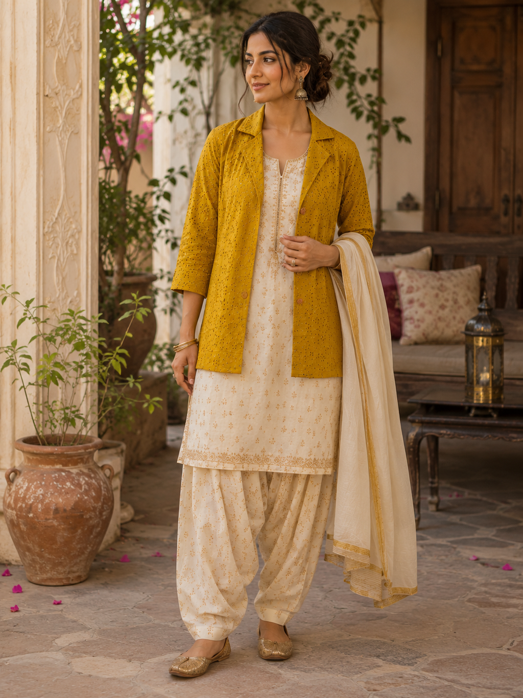 Mustard Eyelet Embroidered Blazer Jacket
