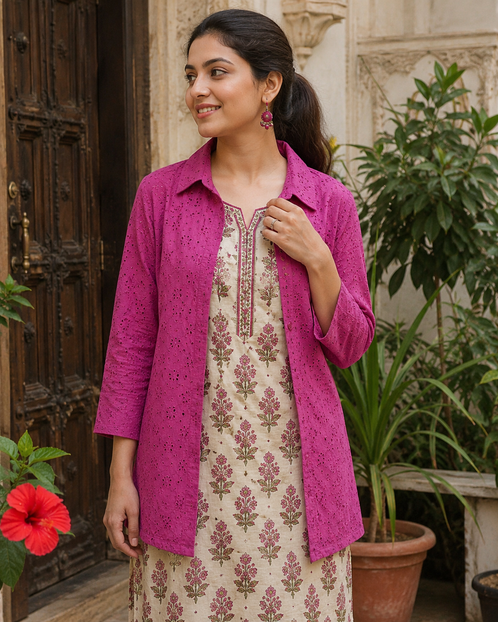 Fuchsia Bloom Eyelet Blazer