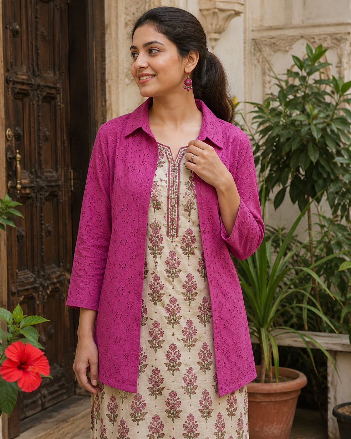 Fuchsia Bloom Eyelet Blazer